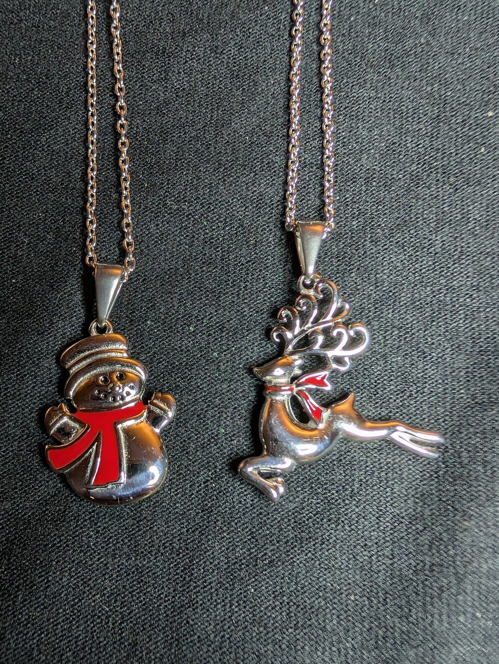Silver Snowman & Reindeer Pendant Necklaces with Red Accents